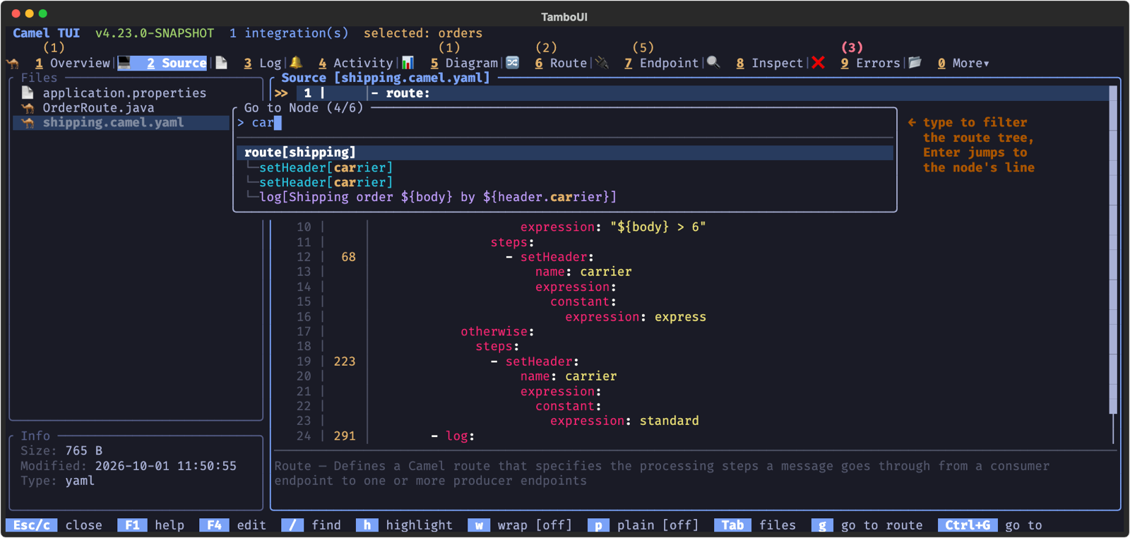 Ctrl+G filters the route tree
